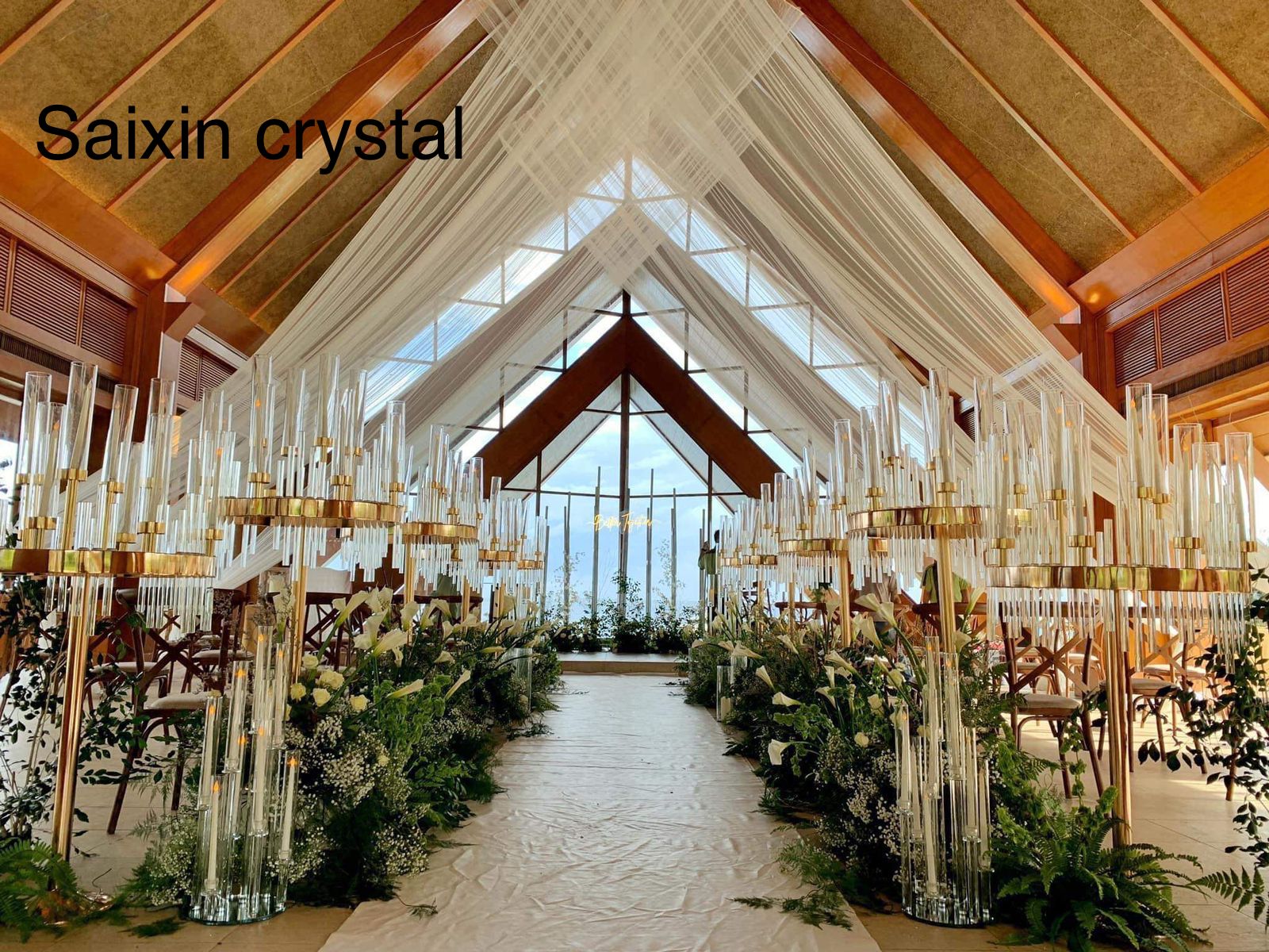 ZT-394 wedding decoration 6 arms cut glass cup tall gold color candle holder candelabras