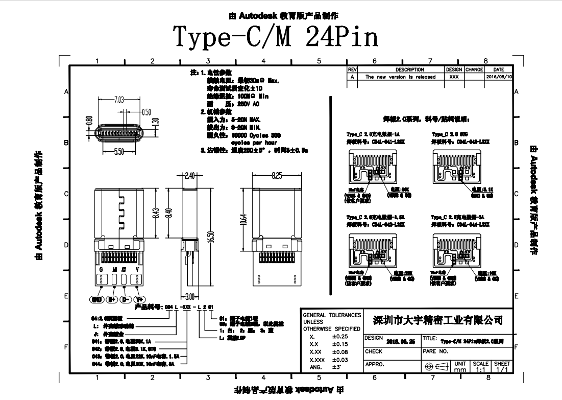 24 Pin Type C Charger Connector For Charging And Data Usb Certification