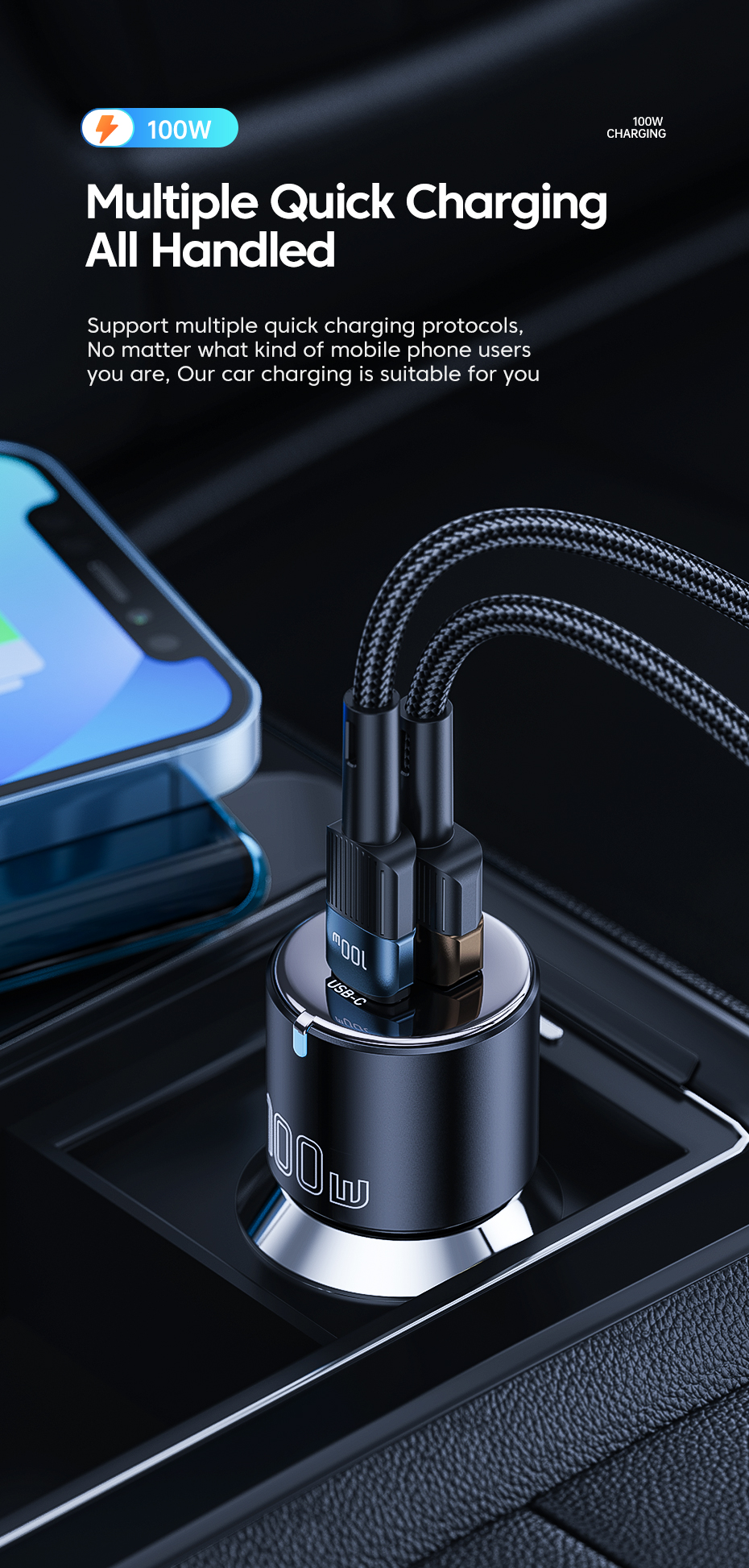 A+C Car Charger Black PD65W Type C And 35W USB-A Dual Port 100W Car Charger