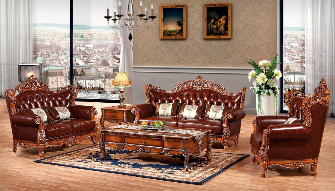 New French style picture leather and wood sofa furniture antique classic sofa set