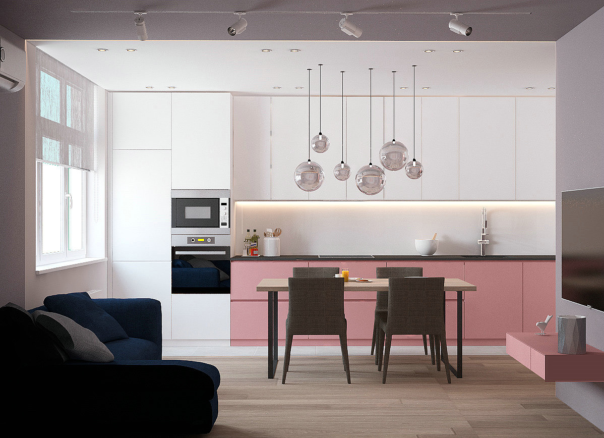 Ready to Assemble Modern Pink Lacquer Kitchen Cabinet Set with Quartz Stone Countertop