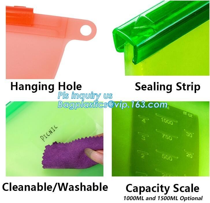 Storage preservation reusable silicone food bag,FDA reusable silicone storage food bag with Zip lockk in microwave bagease