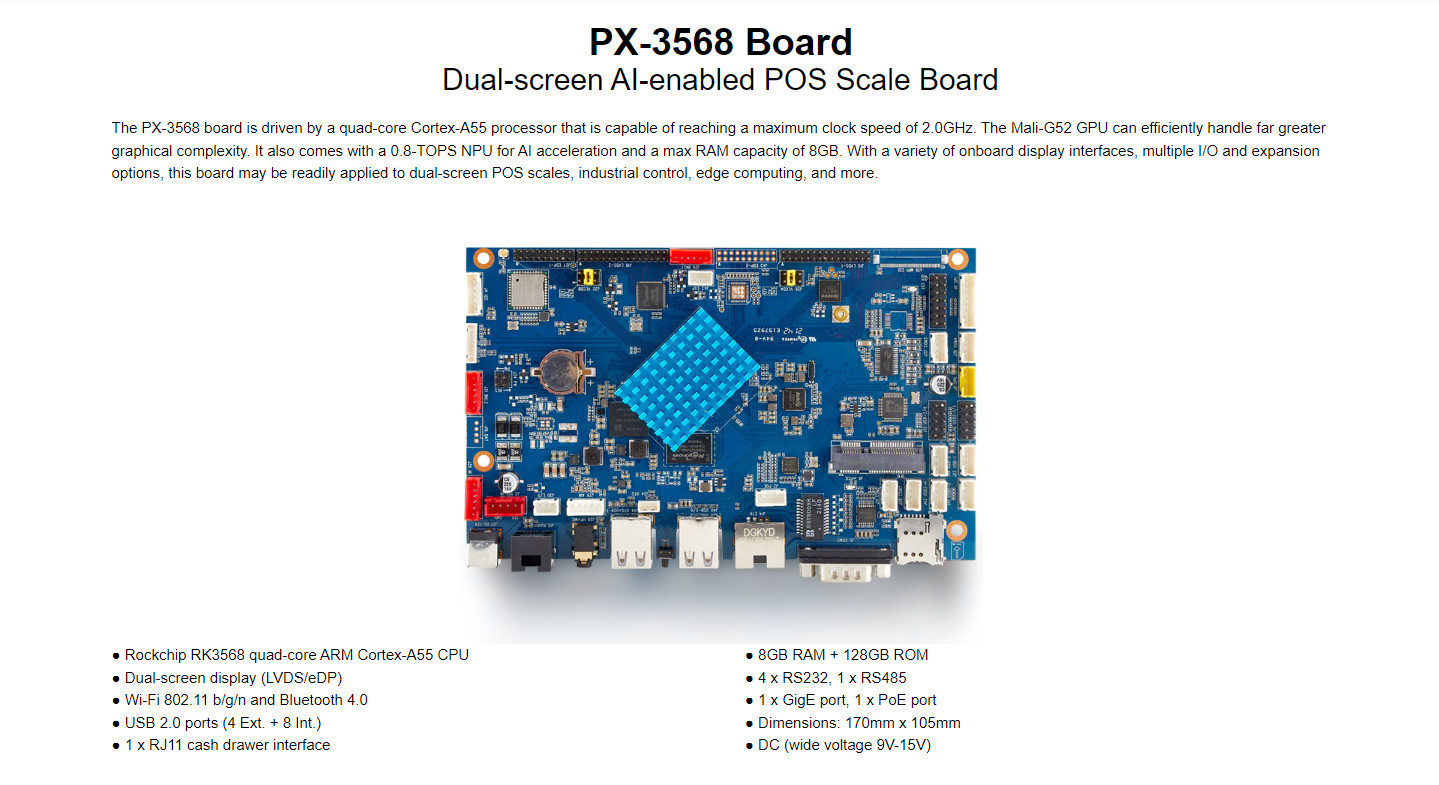 PX-3568 Dual-screen AI-enabled POS Scale Mainboard 1080p eDP interface 4-pole 3.5mm jack
