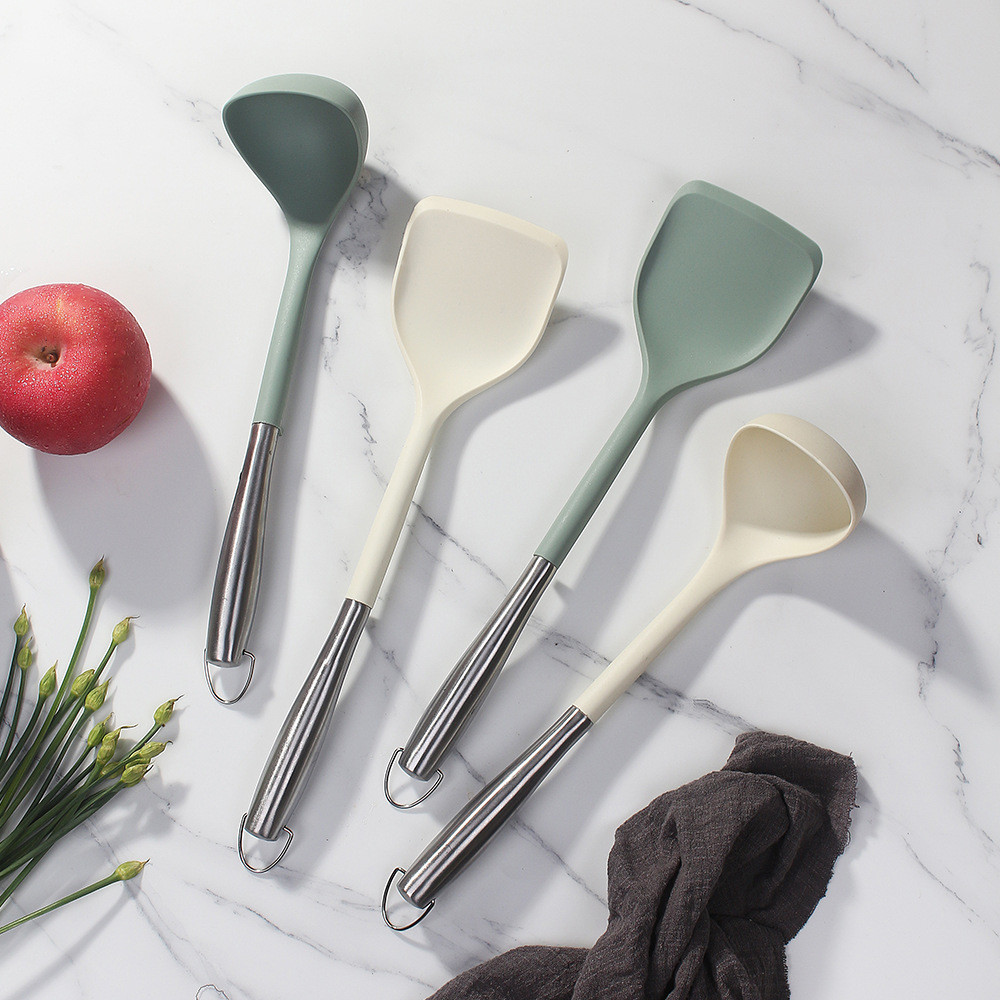 Silicone Stainless Steel Kitchen CookinUtensils Set 2-Pieces Flexible Silicone Head Cooking Utensil With Spatula, Ladle