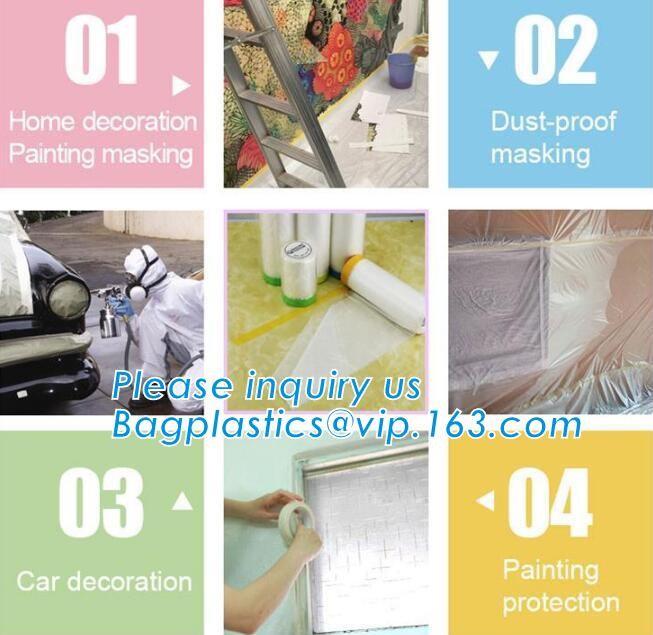 Disposable PE pre-taped self static cling masking film, Cover mask plastic drop film PE protection film with tape, BAGEA
