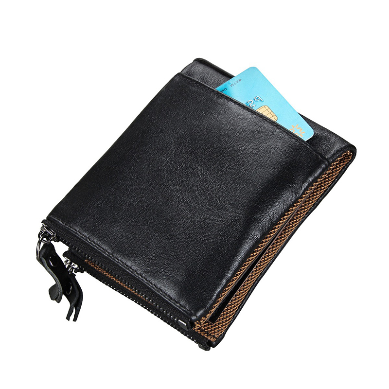 Crazy Horse RFID Credit Card Holder Blocking Vintage Double Zipper Genuine Leather Men's Wallet