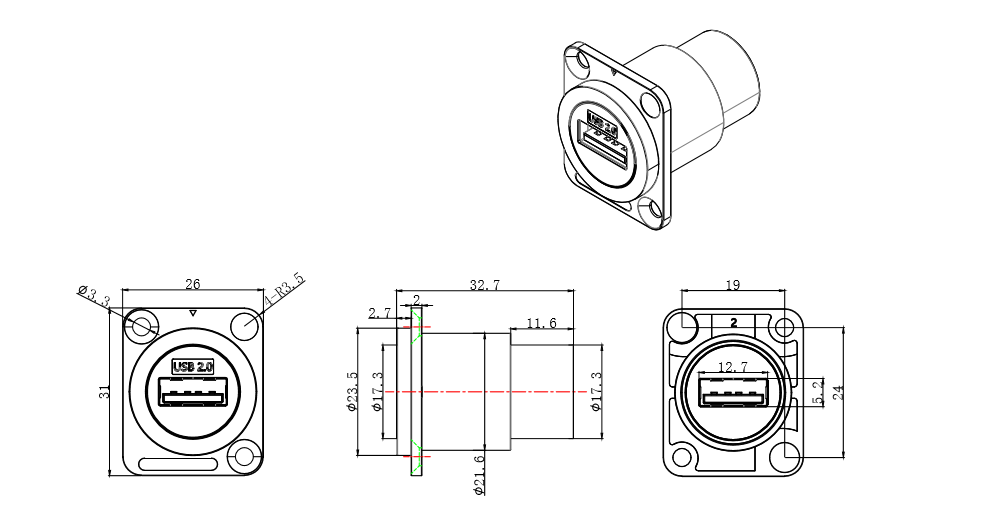 Ip65 Waterproof Panel Mount Connector 4 Pin Audio Video Connector For Data Cable