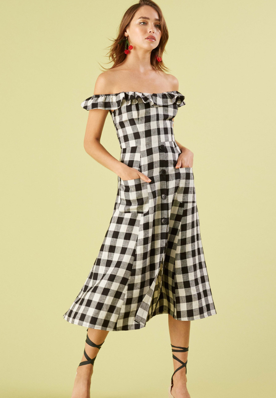 Black and white checked off shoulder dress