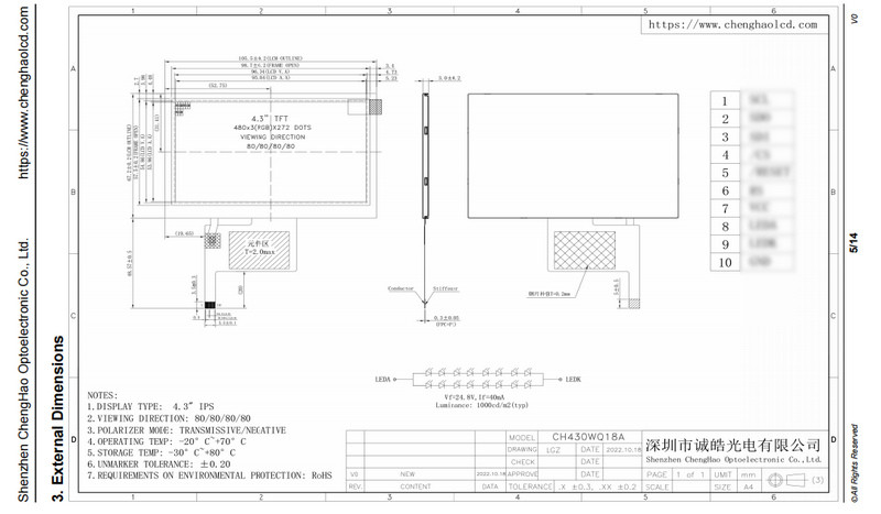 Hight Brightness IPS LCD Display 4.3 Inch 480x272 WQVGA 10pin SPI TFT LCD Display