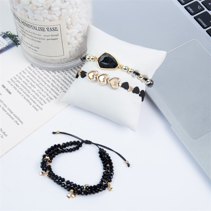 Cool Lady Round Beads Bracelet Set Black Facted Small Size With Druzy Charm