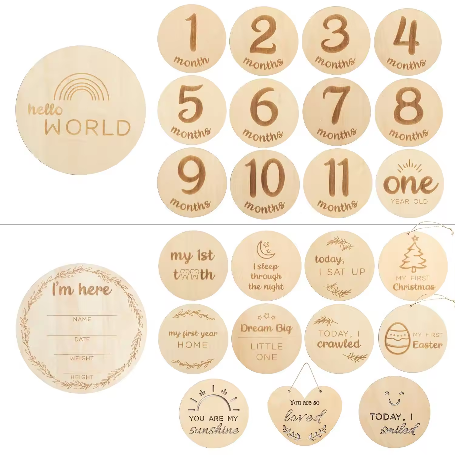 Wooden baby monthly milestones double sided disc laser engraving