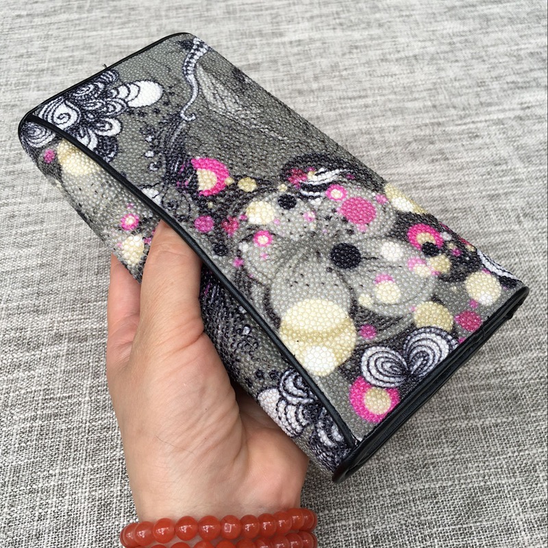 Authentic True Stingray Skin Female Zipper Coin Pocket Genuine Leather Lady Large Gray Clutch Wallet Women's Card Purse