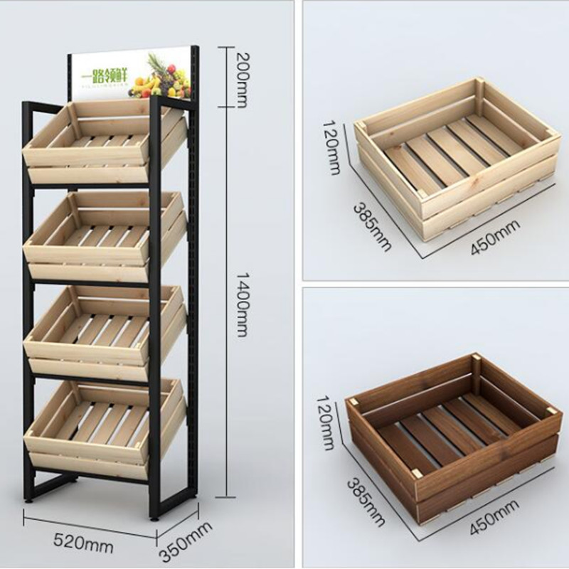 Metal Multifunction Wooden Wine Fruit Vegetable Display Shelves For Grocery Shop