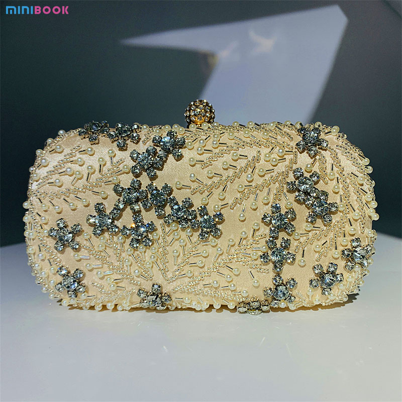 Availiable Sample Pearl Shining Diamond Rectangle Hand Bag for Ladies Wedding Handbag