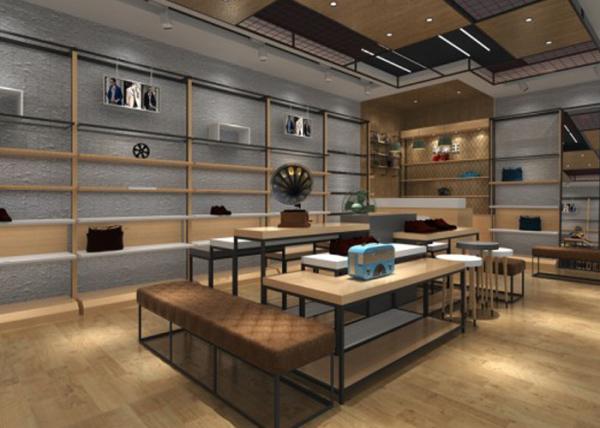 Wood And Metal Retail Store Shoe Display Fixtures With Tables , Stands ,