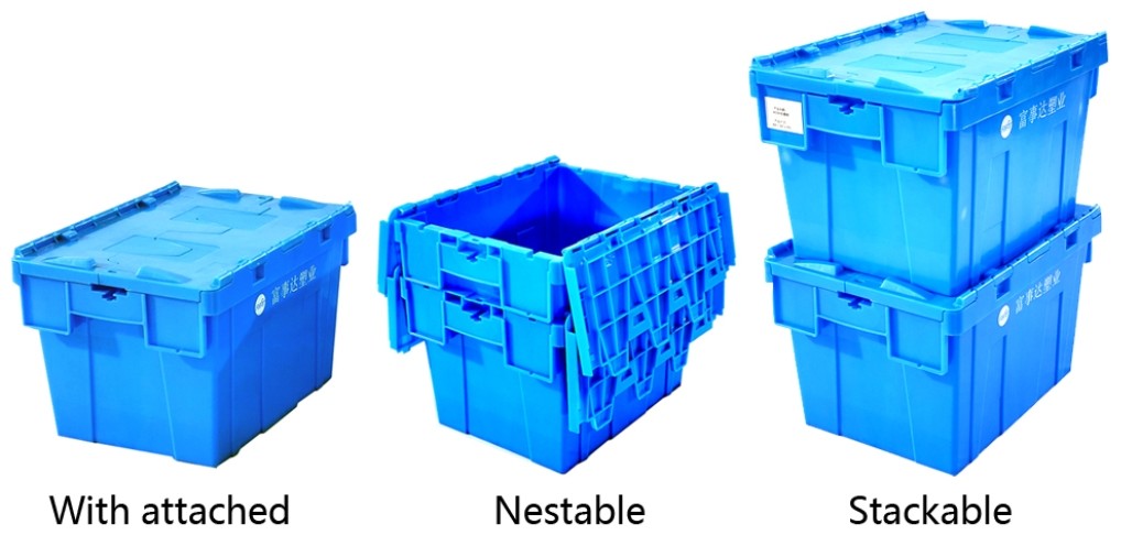 Attached Lid Containers Plastic Box With Hinged Lid Heavy Duty Stackable Moving Box