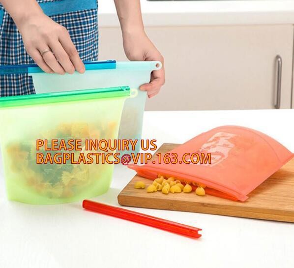Storage preservation reusable silicone food bag,FDA reusable silicone storage food bag with Zip lockk in microwave bagease