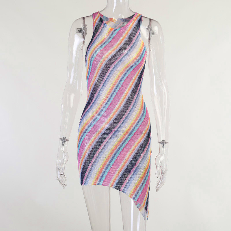 Colorful Stripe Irregular Strapless Summer Dress 70% Cotton 30% Polyester