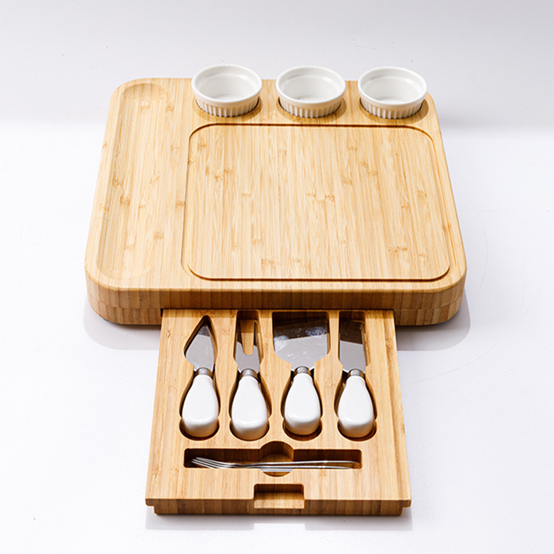 Bamboo Cheese Board and Knife Set Eco-friendly Charcuterie Board with 3 Ceramic Bowls