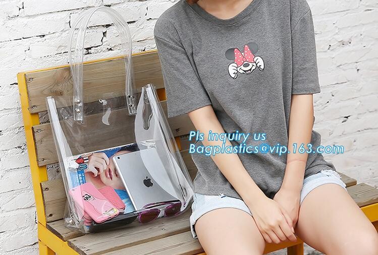 Tote Bags PVC Beach Lash Package Tote Shoulder Bag with Interior Pocket, Waterproof Semi-clear Tote Bags Stripe PVC Shou
