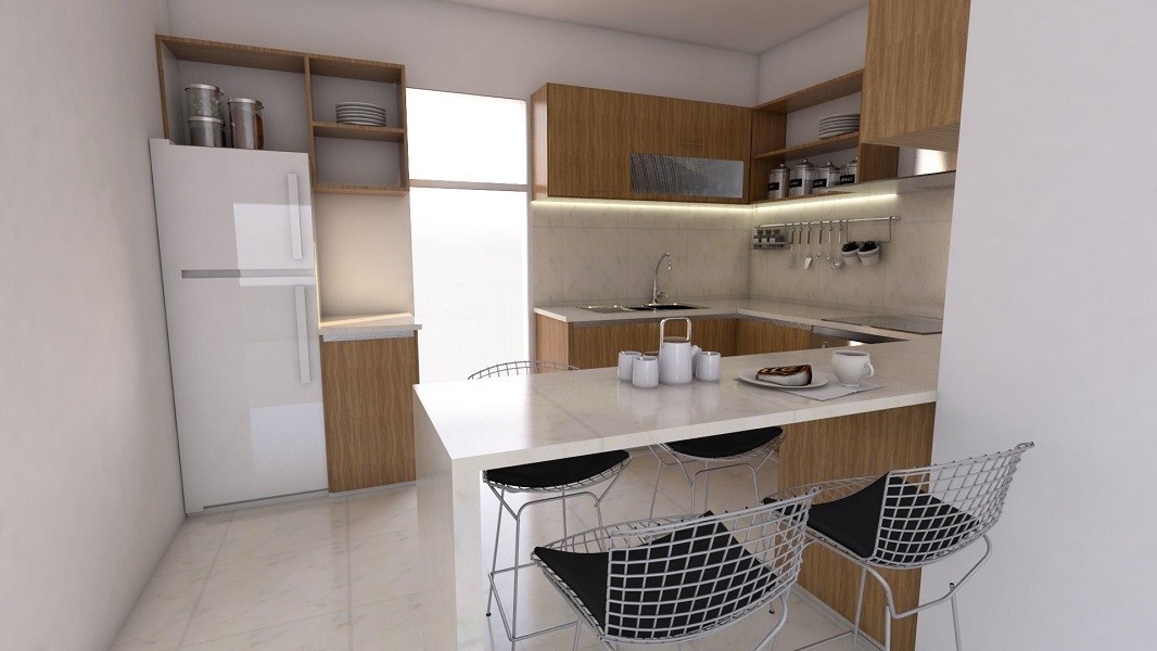 1.8m Modern Black And White Kitchens With Seating With Stone Top And Plywood Door
