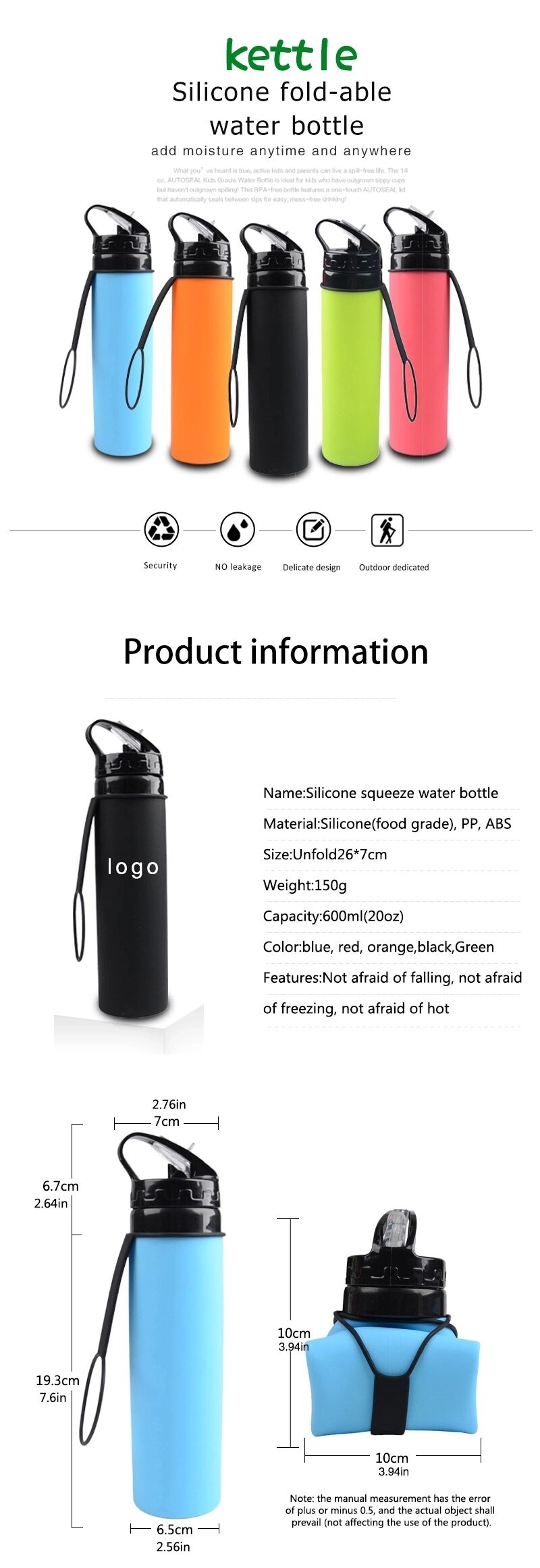 600ML Collapsible Silicone Water Bottle