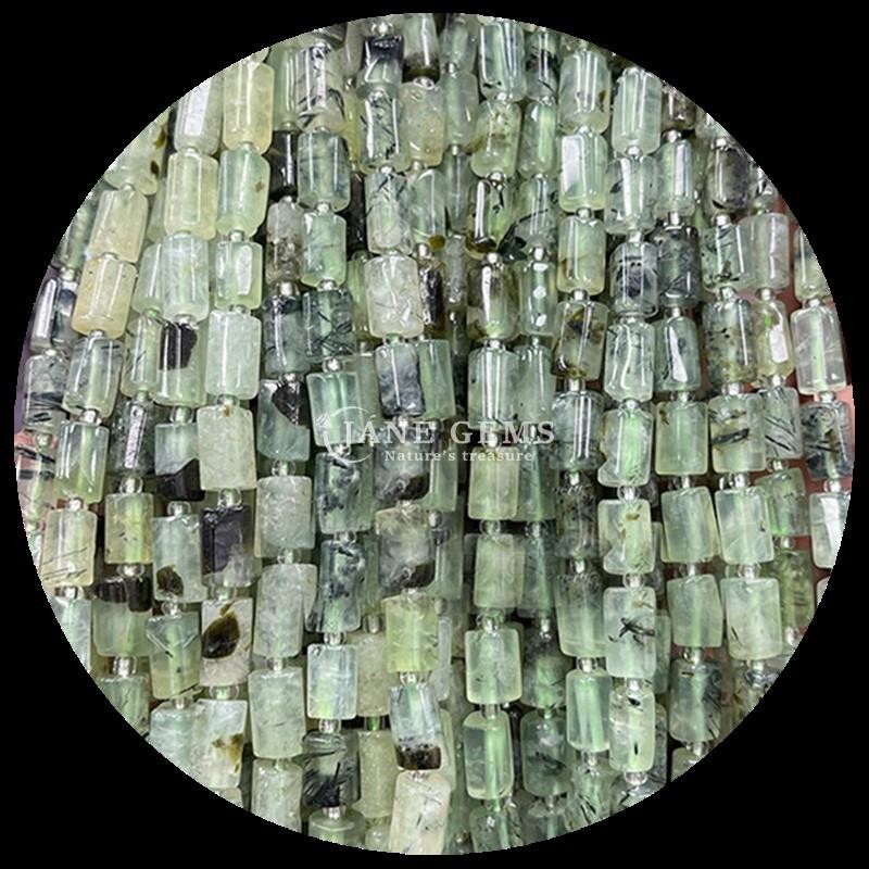 Gems Bead Natural Crystal Aquamarine Prehnite Gemstone Faceted Cylinder Shape Loose Bead Strands for Jewelry Making