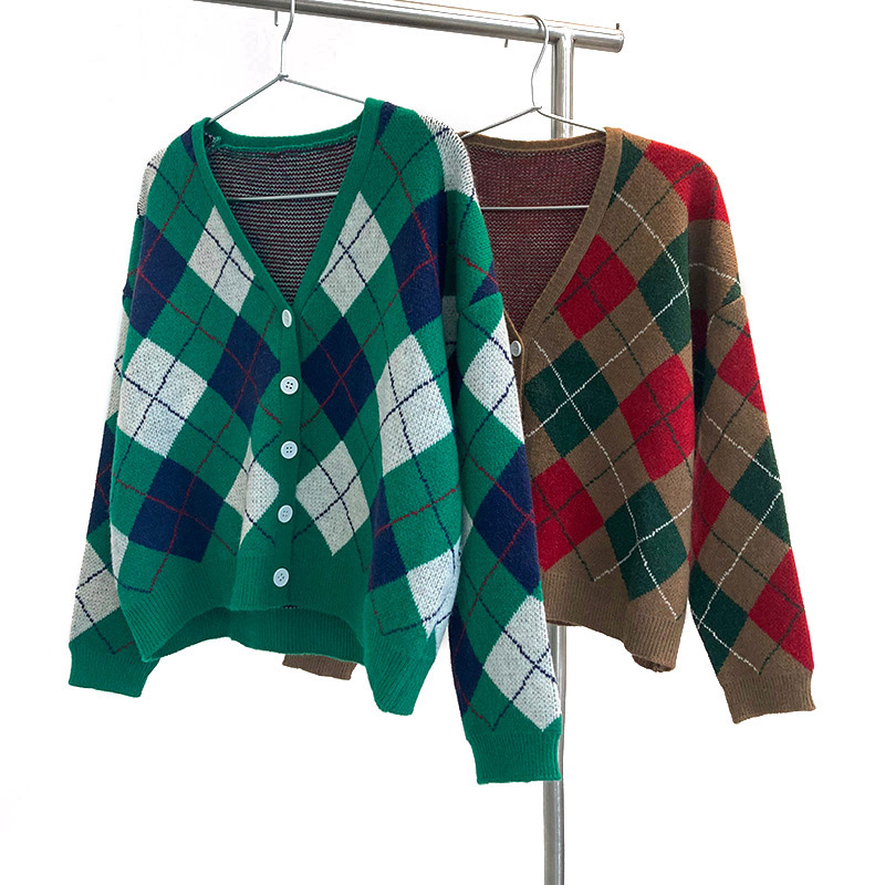 V Neck Button Tartan Design Bespoke Sweaters Cropped Long Sleeve Knitted Sweater