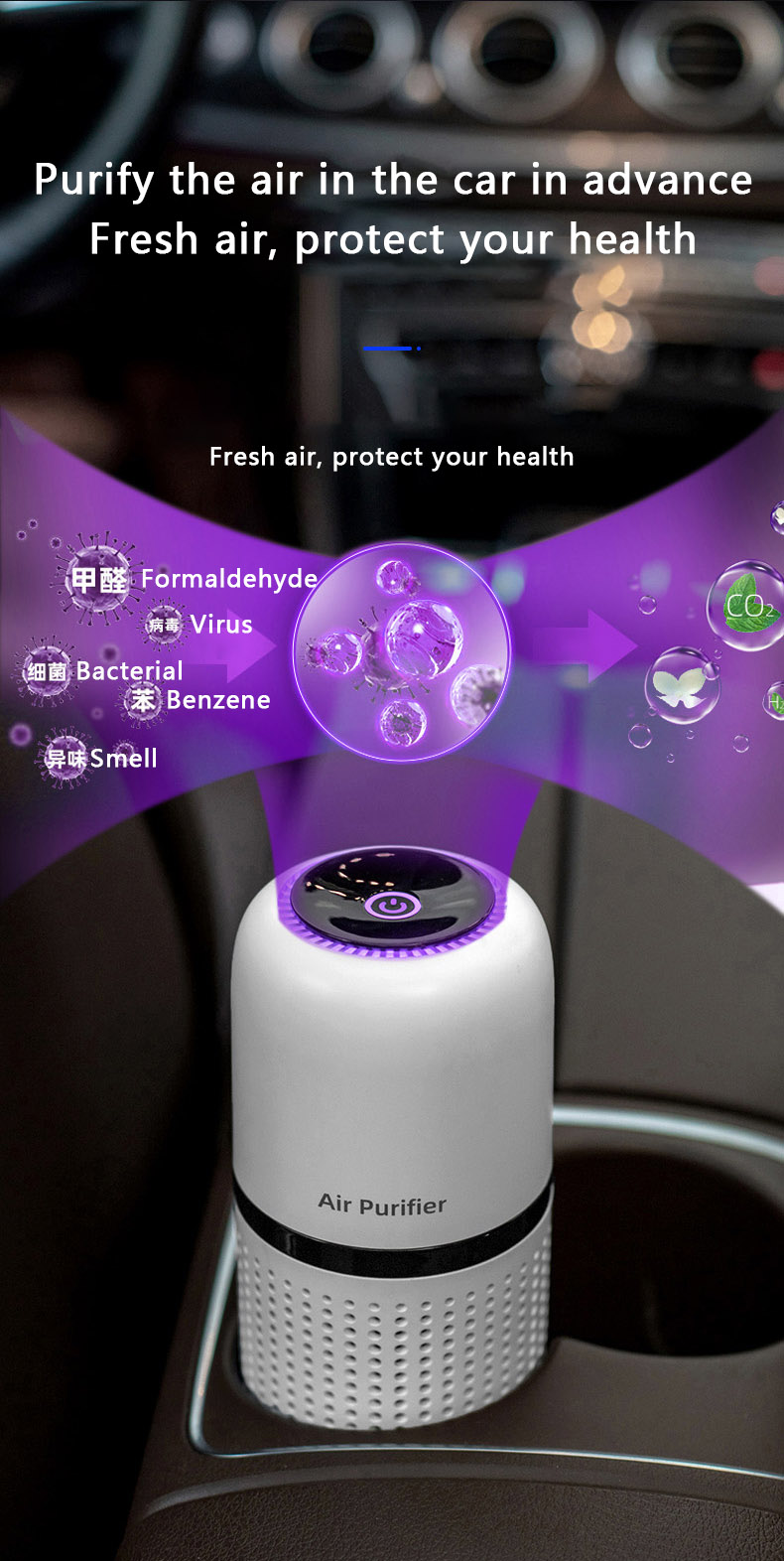 HOMEFISH Anion Car Air Purifier USB Charge DC5V/1000mAh