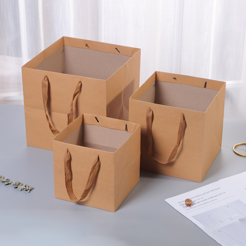 Recyclable Square Brown Kraft Paperboard Boxes Packaging Bags For Flower Arrangements