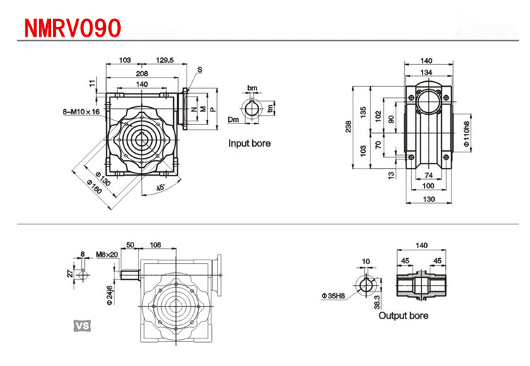 Nmrv040/090 Aluminium Worm Gearbox Reducer Double Reduction Long Service Life