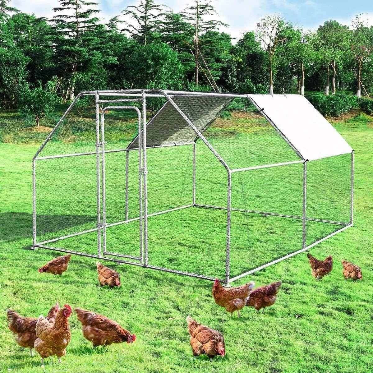 6.67' Chicken Coop Galvanized Metal Hen House Large Rabbit Hutch Poultry Cage Backyard with Cover Walk in Chicken Cage