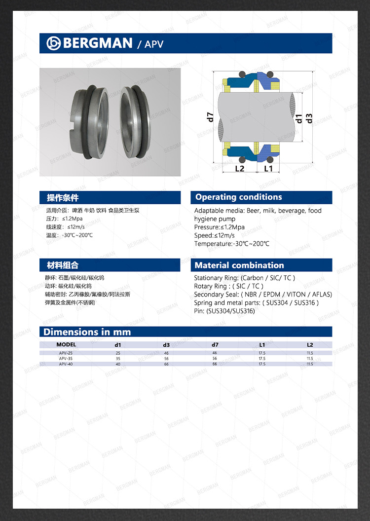 Bergman OEM TLS Rotor pump Sanitary Pumps Food Pumps Seals Mechanical Seal