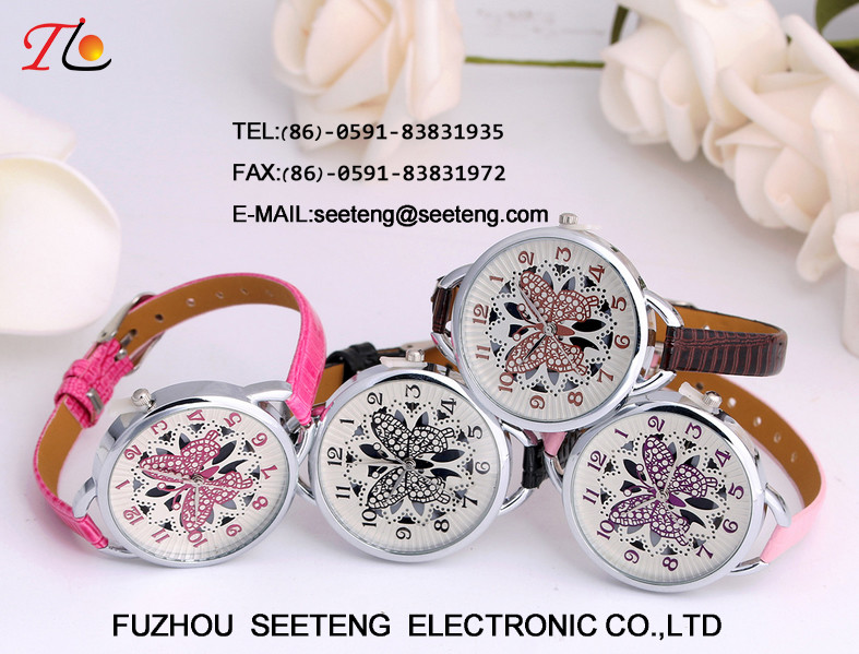 Ladies watch with golden metal band bracelet buckle and double circle case black color dial