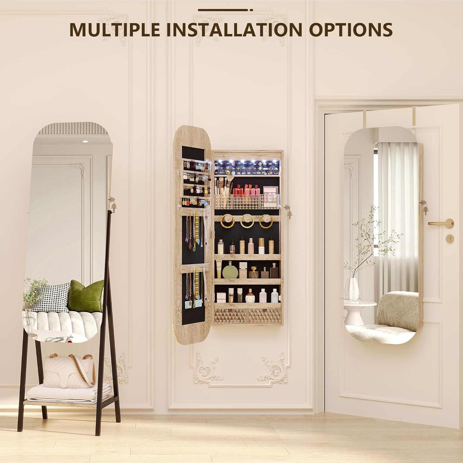 Rectangle Jewelry Armoire Mirror Lockable Full Length Mirror With Storage