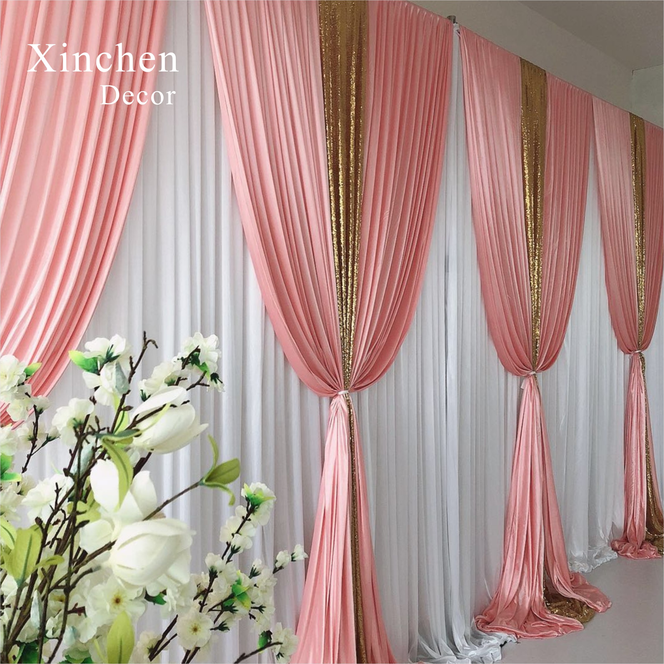 Hot Sale Gorgeous blue silk cloth drape valance curtains with ivory tassel