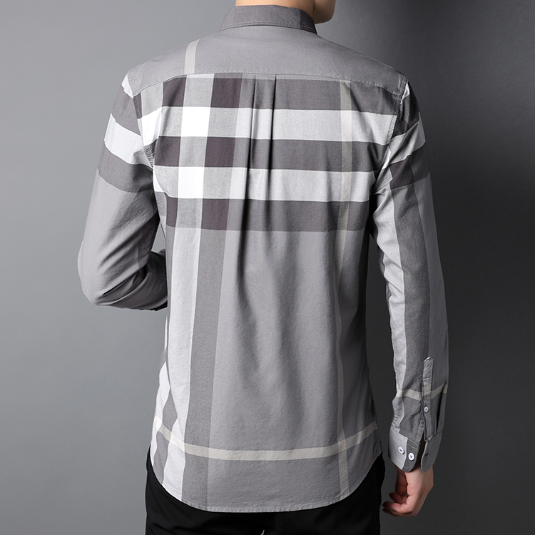 2023 Solid Grey Check Men's Casual Dress Shirt in Spring and Autumn for S-2XL Mens Shirts