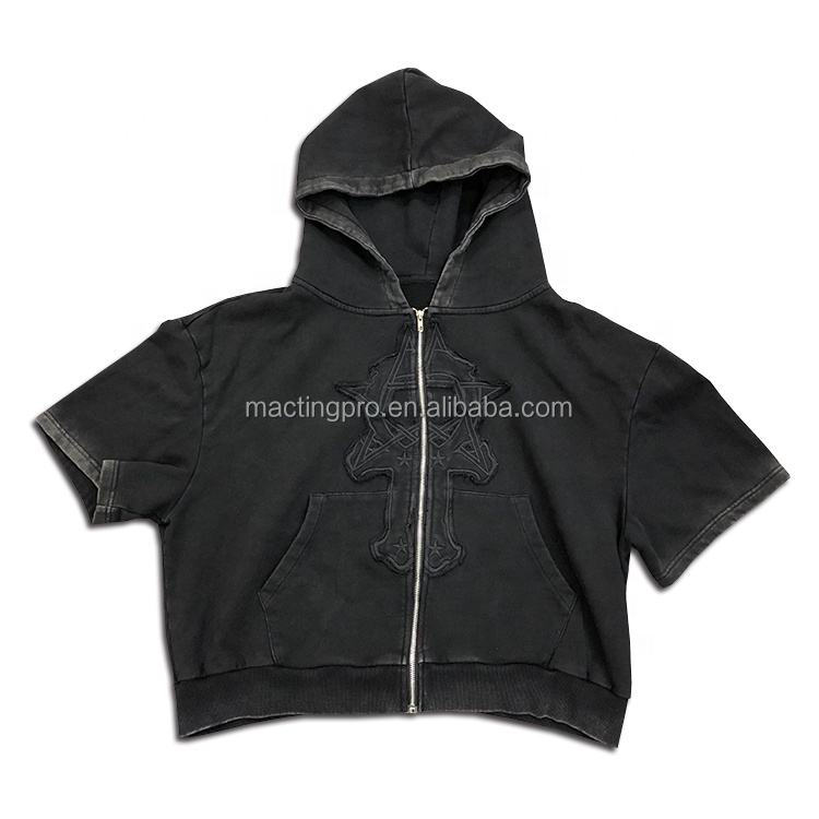 Black Vintage Blank T Shirts Bulk Anti Wrinkle Summer Streetwear Hoodie Washed Embroidered Patchwork