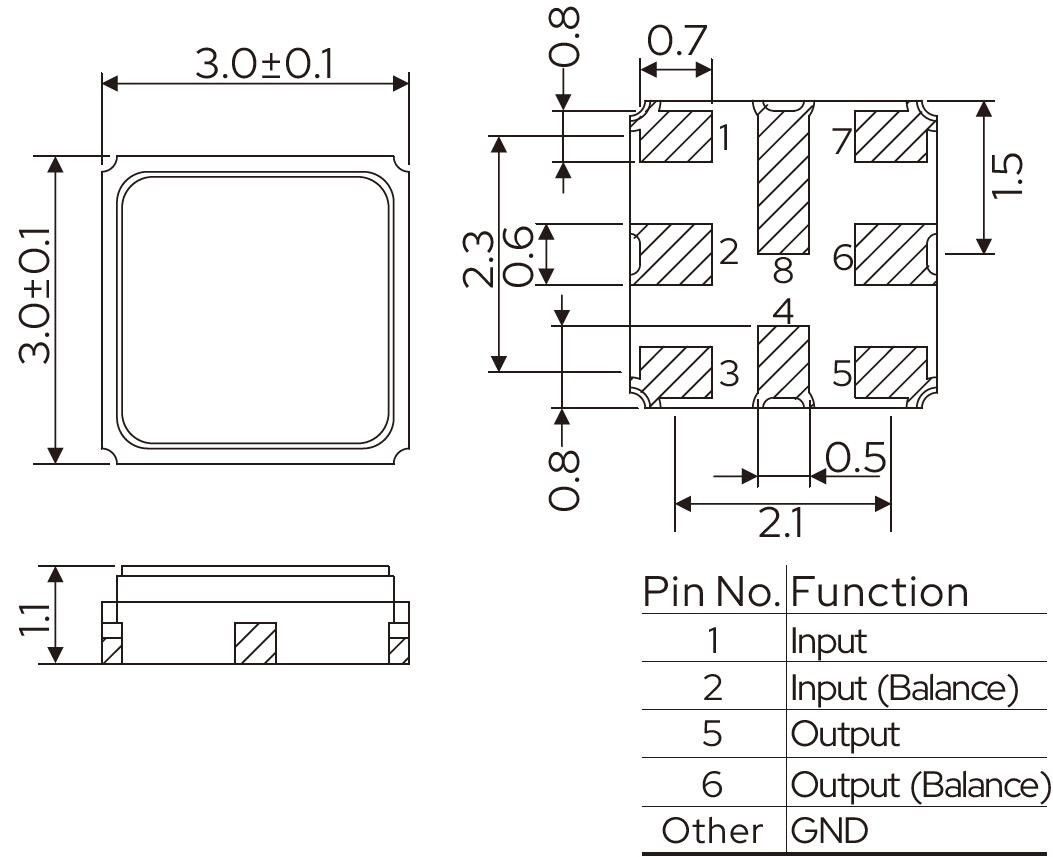 QCC8D-3*3-SAW-Filters-Dimensions