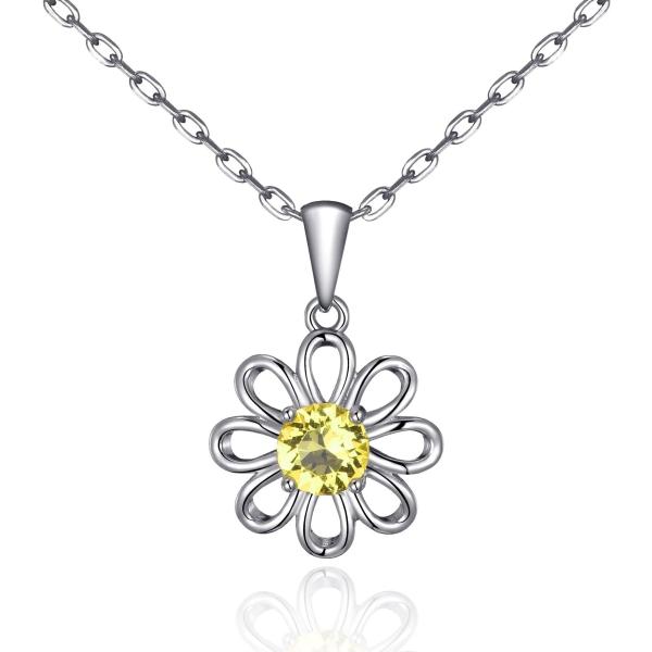 925 Sterling Silver Sunflower Pendant with Chain Jewelry Design Yellow Cubic