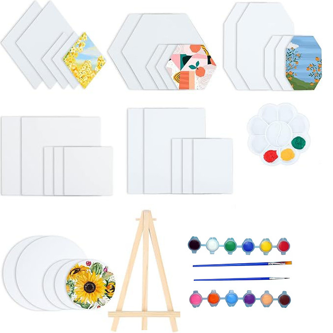 Hexagon Round Rectangle Shape Canvas Painting Sets With Palettes Easels Sponges