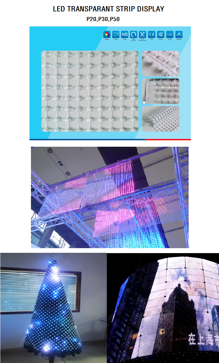 transparent full color outdoor flexible led strip curtain video display