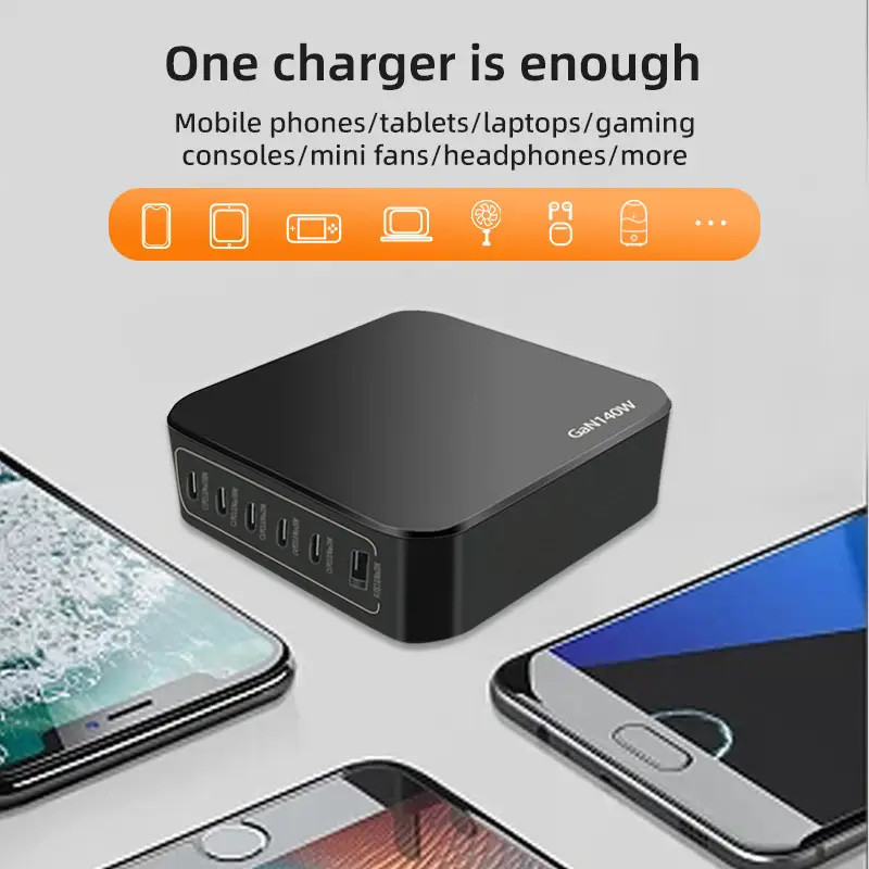 140W GaN Fast Charger 1USB 5 Type C Power Adapter PD Travel Charger Type C A