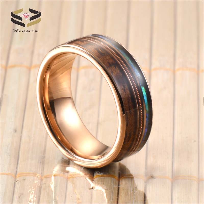 8mm Men Women Wedding Engagement Band with Rose Gold Guitar String Koa Wood and Abalone Shell Inlay Religious Type Other