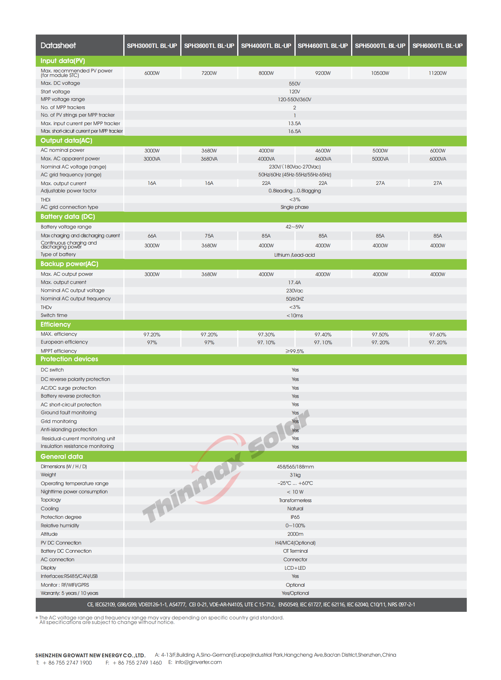 Factory Wholesale Growatt Inverter SPH6000 6.0kw Growatt Hybrid Inverter