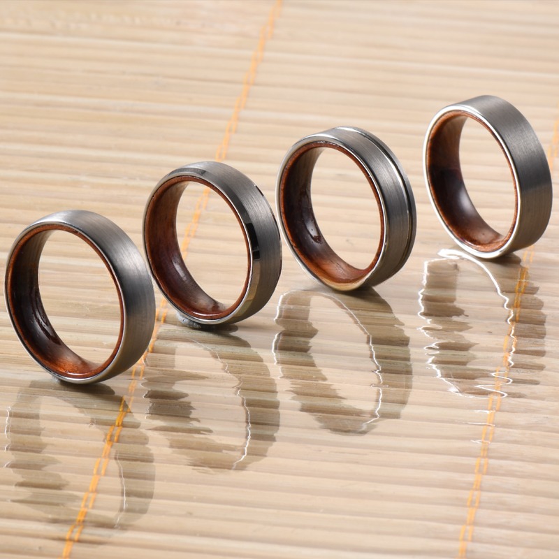 Geometric Pattern Tungsten Wedding Band for Men and Women 6mm Rose Wood Inner Ring in Beveled or Offest Grooved Styles