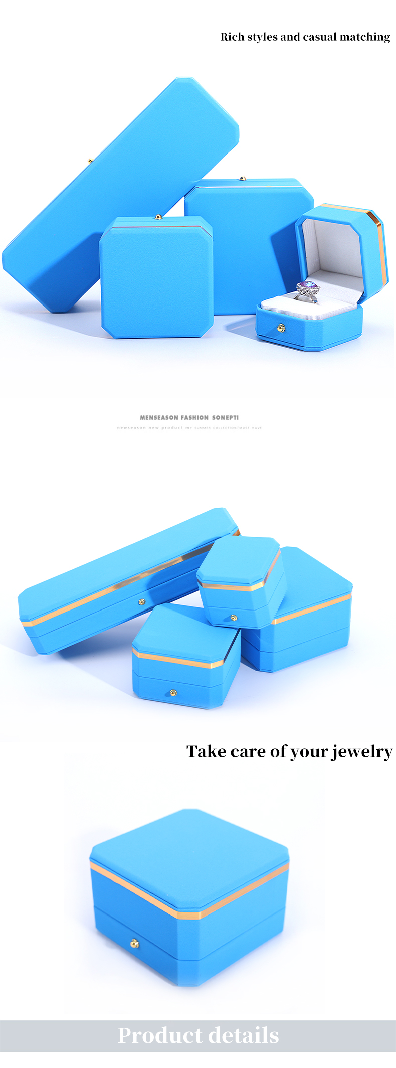 Blue PU Leather Gift Wrap Jewelry Box for Hanhong Octagonal Metal Button Custom Logo