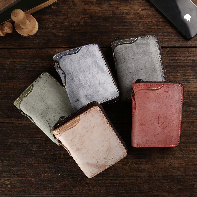 Japanese Style Hanging Ring Men's Short Wallet with Zipper and Vegetable Tanned Leather