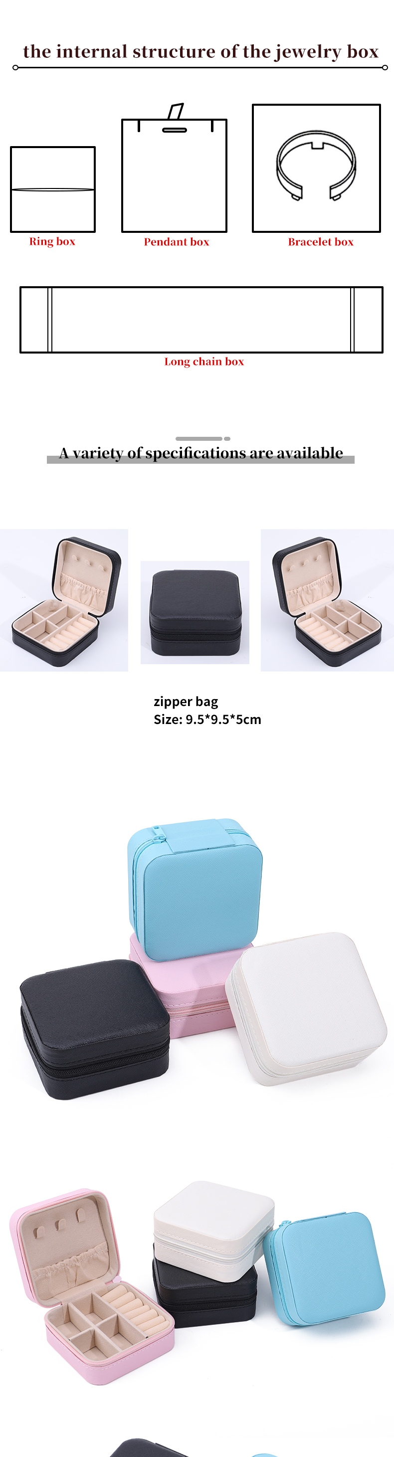 Multiple Compartments PU Leather Travel Jewelry Organizer Box Zipper Bag