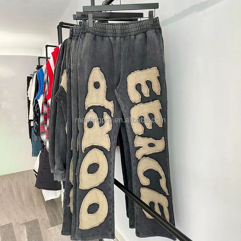 Custom Heavyweight Cotton Distressed Embroidery Patchwork Flared Sweatpants Regular Fit